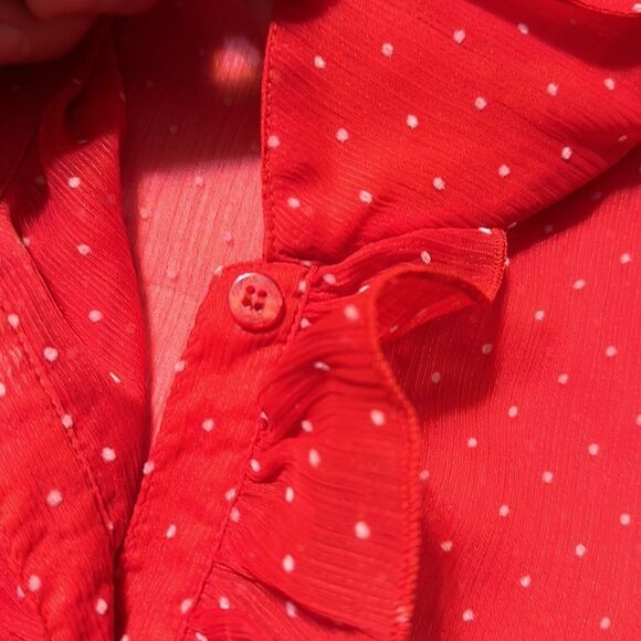 Guess L Red Textured Polka Dot Romantic Sheer Short Sleeve Collared Blouse - Picture 10 of 16